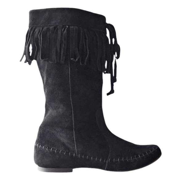 STEVE MADDEN Black Suede Fringe Moccasin Boots Boho 9 Spain - Picture 2 of 10